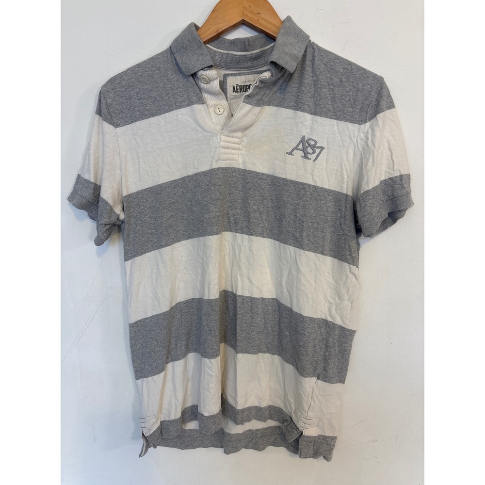 Aeropostale Mens Small Grey White Striped A87 Logo Short Sleeve Polo Shirt